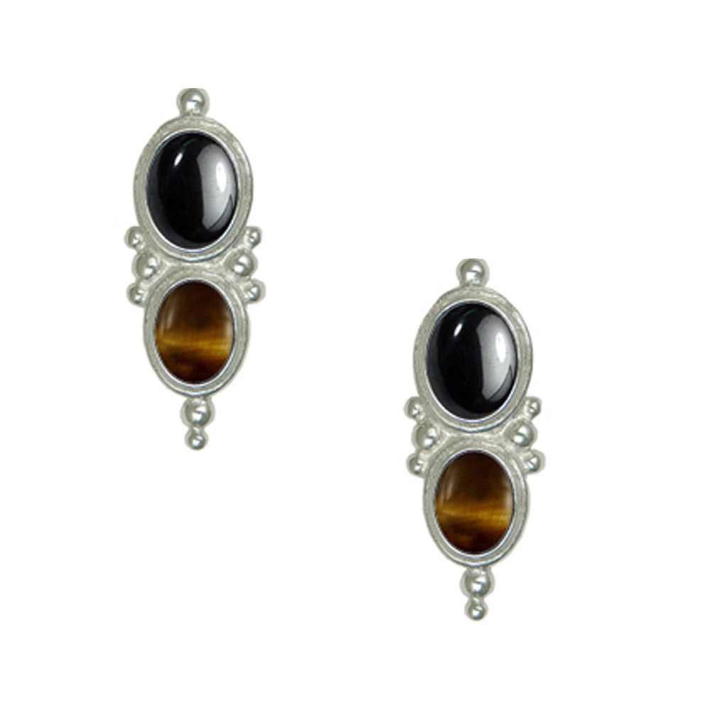 Sterling Silver Drop Dangle Earrings With Hematite And Tiger Eye